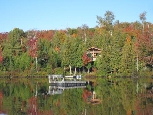 a house on a lake in the middle of a forest at Les Chalets du Lac Grenier in Chertsey