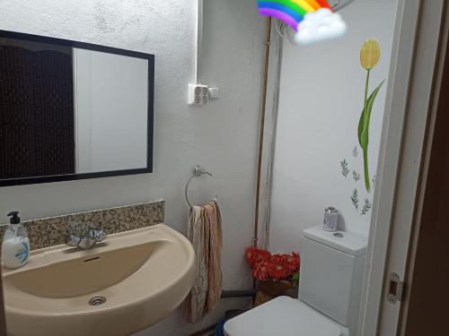 a bathroom with a sink and a toilet and a mirror at CASA JUNTO AL PARQUE NATURAL DE LAS BARDENAS in Sádaba