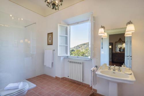 a bathroom with a sink and a toilet and a window at Villa Pedone in Lucca