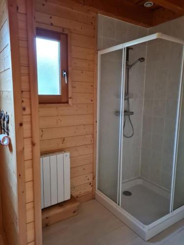 La salle de bains est pourvue d'une douche en verre et d'un mur en bois. dans l'établissement Chalet, Murat (nouveau logement), à Murat