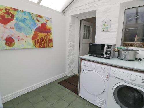 a kitchen with a washing machine and a microwave at Swn Yr Afon in Tywyn
