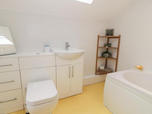 a white bathroom with a sink and a toilet at Swn Yr Afon in Tywyn