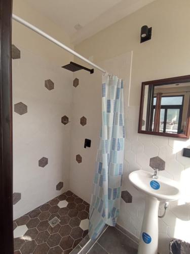 a bathroom with a shower and a sink at Hotel Posada Lucia in San Juan La Laguna