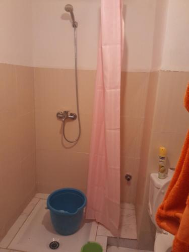 a bathroom with a shower with a blue bucket at Bouznika in Aïn Harrouda