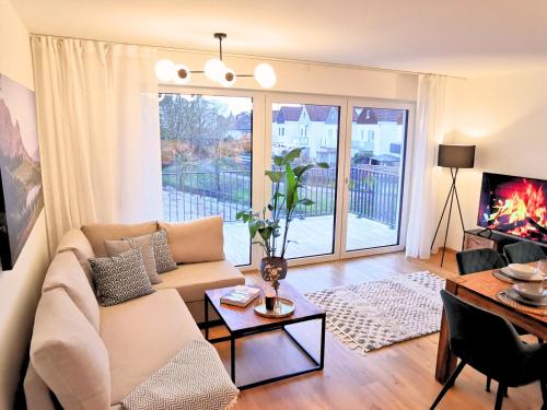 a living room with a couch and a fireplace at Fynbos Deluxe, Penthouse oder Balkon, Parkplatz in Straubing
