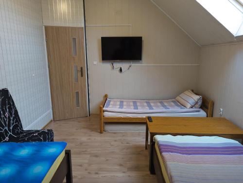 a room with two beds and a flat screen tv at Pokoje Gościnne "U Karola" in Ścinawa