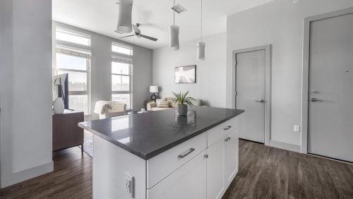 a white kitchen with a black counter top at Landing Modern Apartment with Amazing Amenities (ID1401X866) in Denver