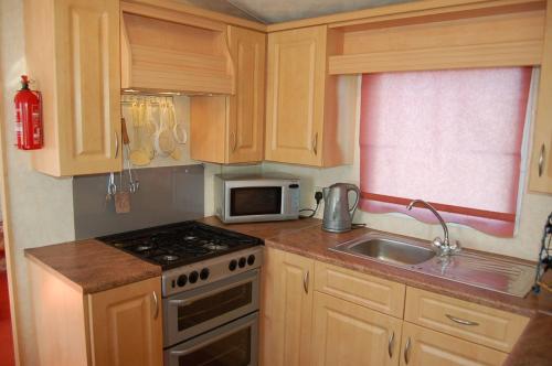 una piccola cucina con piano cottura e lavandino di Caravan 252 Bryn Y Mor Beach Side Park a Tywyn
