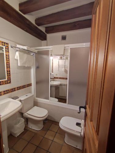 a bathroom with a toilet and a sink and a mirror at Hostal Posada La Panadera in Sepúlveda