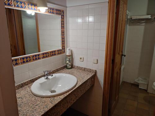 a bathroom with a sink and a mirror at Hostal Posada La Panadera in Sepúlveda