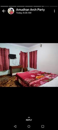 a poster of a bedroom with a bed with red sheets at Relaxzen Homestay 2 in Kodaikānāl