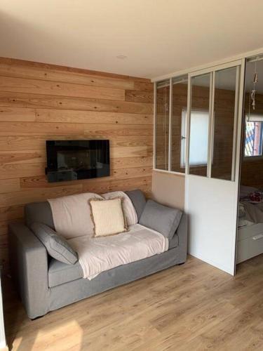 un salon avec un canapé et une télévision dans l'établissement L’Eden Studio Suite Balneo plein centre d’Andernos, à Andernos-les-Bains