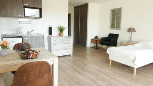 a bedroom with a bed and a desk and a bed and a kitchen at Zenao Appart'Hotel in Nevers