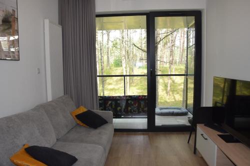 sala de estar con sofá y ventana grande en Apartament Sosnowy Shellter Rogowo en Rogowo