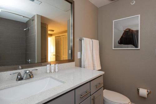 a bathroom with a sink and a toilet and a mirror at Landing Modern Apartment with Amazing Amenities (ID5843) in Austin