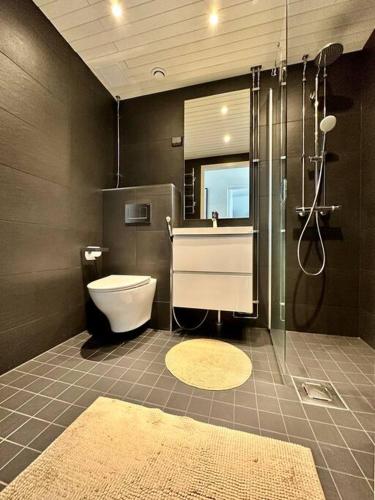 ロヴァニエミにあるLuxury Penthouse In City Centerのシャワー、トイレ、洗面台を備えたバスルーム