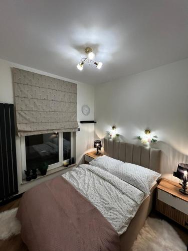 a bedroom with a bed and a window at Apartament Starówka Bulvar 12 mieszkanie 11 Garaż gratis ! in Elblag