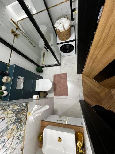 a bathroom with a sink and a toilet in it at Apartament Starówka Bulvar 12 mieszkanie 11 Garaż gratis ! in Elblag