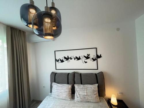 a bedroom with a bed with two pillows and a chandelier at 3 BR Apt, Spacious, Near South Park in Sofia