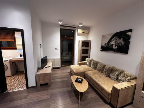 a living room with a couch and a table at elisio - Pani Nani Apartment in Braşov
