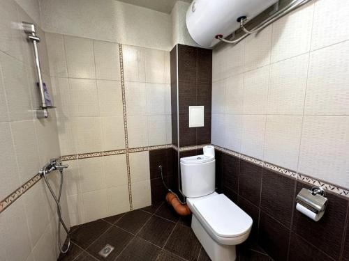 a bathroom with a white toilet in a stall at Lovely 2-bedroom rental unit in Sofia in Sofia