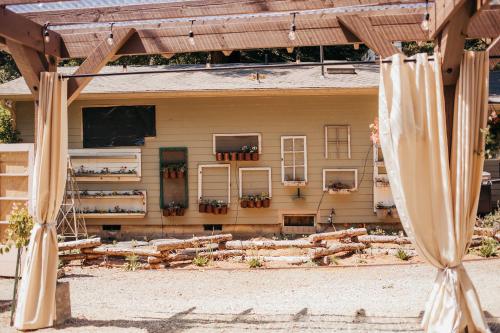 a house with a porch with umbrellas in front of it at Taylor Creek Lodge in Gold Beach
