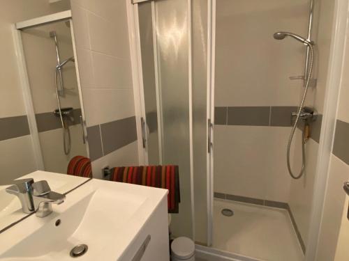 une salle de bain avec une douche, un lavabo et des toilettes dans l'établissement Appartement Cosy Proche Étang de Thau et Thermes - SE - 2 Pers - Animaux Acceptés - WiFi - FR-1-503-89, à Balaruc-les-Bains