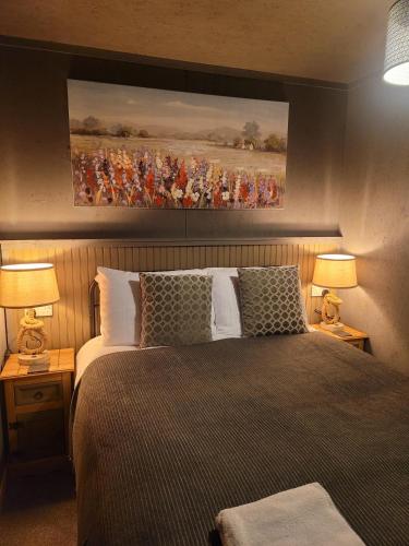 a bedroom with a bed with two lamps and a painting at THE MOORINGS in Broadford