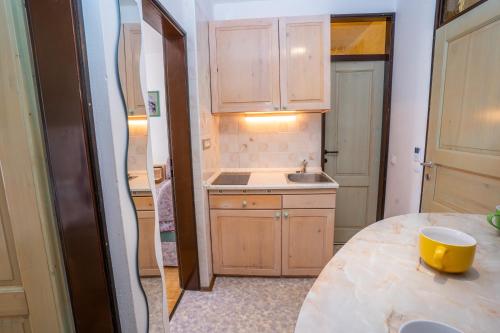 a small kitchen with a sink and a counter at Apartments Bohinj Mavrica in Bohinj