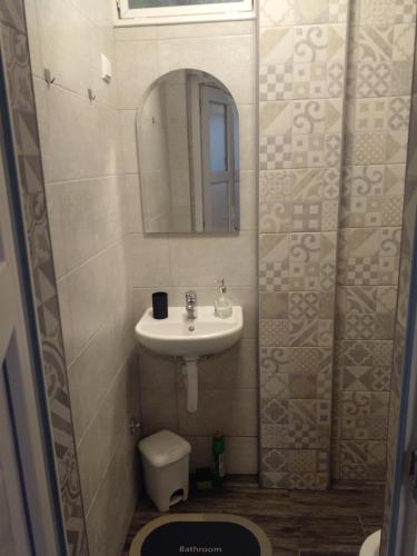 y baño con lavabo, espejo y aseo. en Apartman Nej&Se Ravne, en Visoko