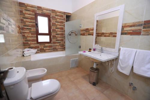 ein Badezimmer mit einem WC, einem Waschbecken und einem Spiegel in der Unterkunft Kasbah Tizimi in Erfoud