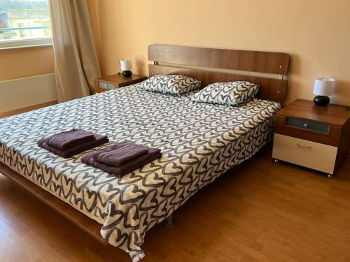 a bedroom with a bed with two pillows on it at Lovely spacious 3BR just outside of city centre in Sofia