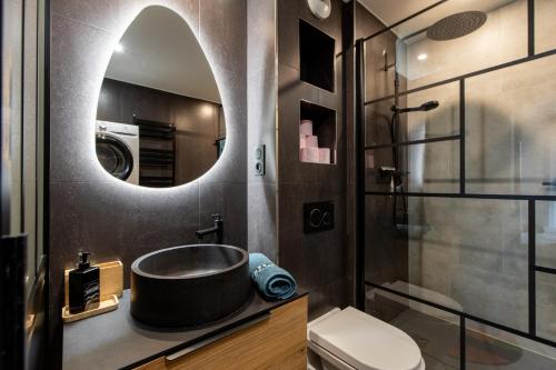 une salle de bain avec un lavabo, des toilettes et un miroir dans l'établissement Casa de Bezons - T2 de 39 m2 à 15' La Défense, proche Paris, à Bezons