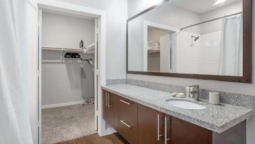 bagno con lavandino e specchio di Landing Modern Apartment with Amazing Amenities (ID1254X737) a Cedar Park