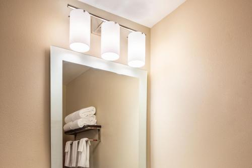 a mirror in a bathroom with lights above it at TownePlace Suites by Marriott Fort Mill at Carowinds Blvd in Fort Mill