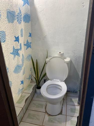 a bathroom with a toilet and a plant in it at Lulu Mocktails in San Juan del Sur