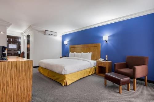 une chambre d'hôtel avec un lit et une chaise dans l'établissement Radisson Hotel & Convention Center Toluca, à Toluca