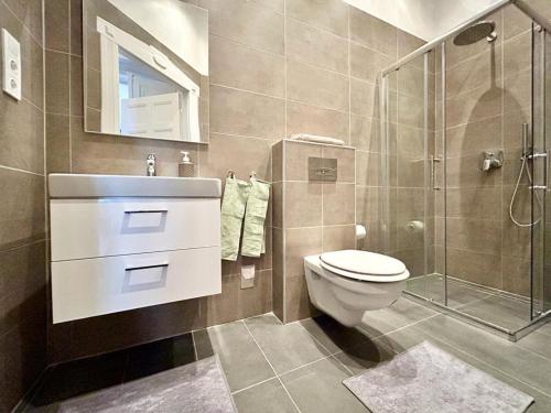 e bagno con servizi igienici, doccia e lavandino. di Gellert Danube Panorama Apartment a Budapest