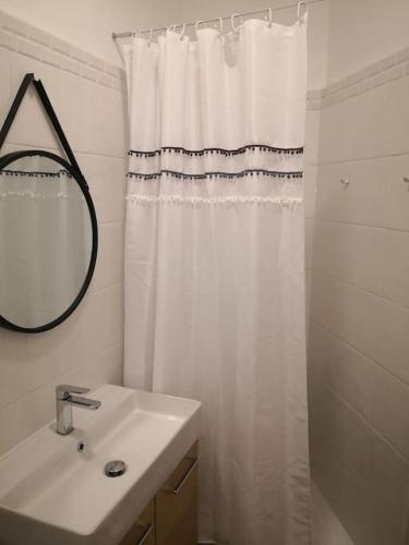 une salle de bain avec un lavabo et un rideau de douche dans l'établissement Studio idéalement placé, à Ajaccio