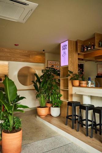 a restaurant with plants and a counter with stools at The Somos Central Hotel Poblado in Medellín