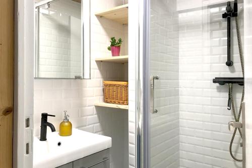 bagno con doccia, lavandino e specchio di Marie locations hyper centre a Le Mont-Dore