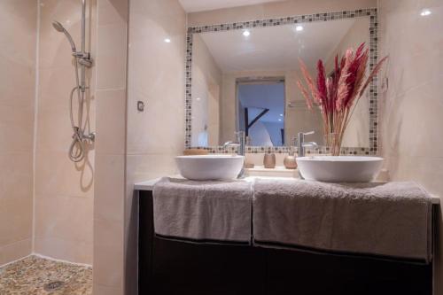 uma casa de banho com 2 lavatórios e um espelho grande em Bellevue sur Sèvres em Sèvres
