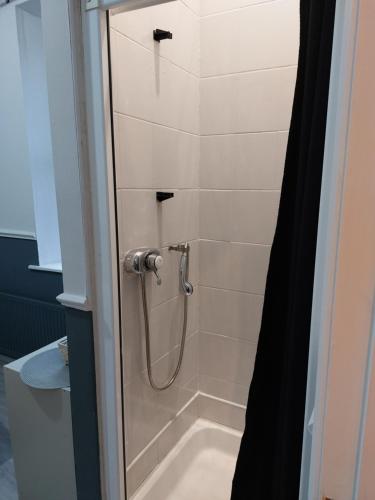 a shower with a glass door in a bathroom at The corner house Longford town in Longford