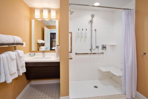 uma casa de banho com um lavatório e um chuveiro em TownePlace Suites by Marriott Detroit Belleville em Belleville