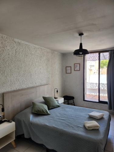 um quarto com uma cama e uma grande janela em Greta Apartment lll em Mendoza