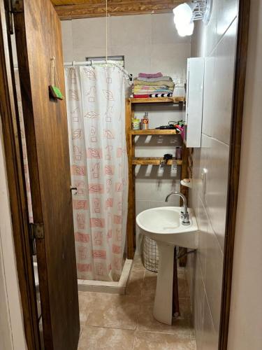 baño con lavabo y cortina de ducha en Lothbrok House en Villa Rumipal