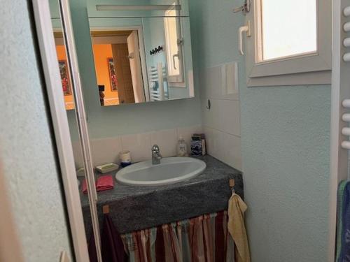 une salle de bain avec un lavabo et un miroir dans l'établissement Appartement T2 avec Terrasse, Parking Privé et Piscine Sécurisée, Proche Plage Richelieu - FR-1-749-37, au Cap d'Agde
