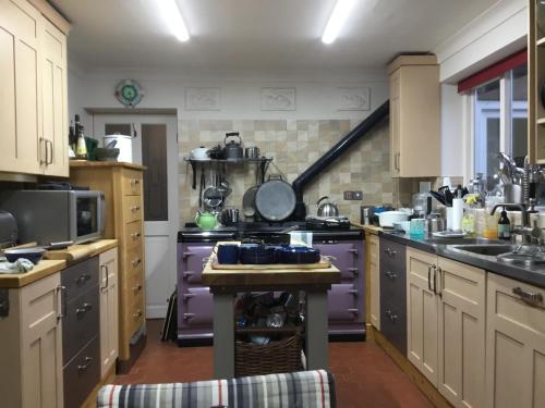 een keuken met een paarse kookplaat bij Lowry House Hotel in Great Barr in Birmingham