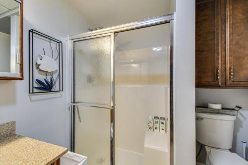 a bathroom with a shower and a toilet at Montour Falls Apartment about 3 Mi to Seneca Lake! in Montour Falls