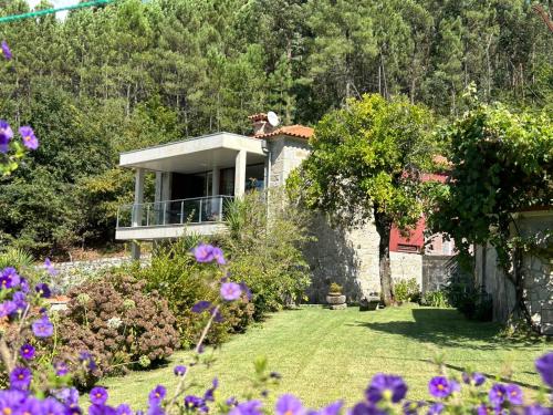 a dog sitting on the roof of a house at Fontainha House & SPA in Caldelas